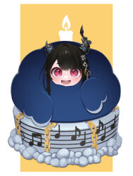 Rule 34 | 1girl, absurdres, appleblossomtea, asymmetrical horns, birthday cake, black hair, blush, cake, chibi, chibi only, commentary, english commentary, food, hair ornament, highres, hololive, hololive english, horns, looking at viewer, mole, mole under eye, nerissa ravencroft, open mouth, red eyes, smile, solo, tassel, tassel hair ornament, uneven horns, virtual youtuber