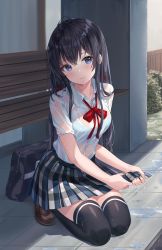 Rule 34 | 1girl, bag, bench, black hair, black thighhighs, blue bra, blue eyes, blush, bow, bra, bra visible through clothes, breasts, brown footwear, closed mouth, collarbone, collared shirt, commentary request, day, dress shirt, full body, hair between eyes, hair ribbon, head tilt, highres, hitsukuya, kneeling, loafers, long hair, looking at viewer, outdoors, plaid, plaid skirt, pleated skirt, puddle, rain, red bow, red ribbon, ribbon, school bag, school uniform, see-through, shirt, shoes, short sleeves, signature, skirt, small breasts, smile, sobu high school uniform, solo, thighhighs, underwear, very long hair, water, wet, wet clothes, wet shirt, white shirt, white skirt, wringing clothes, wringing skirt, yahari ore no seishun lovecome wa machigatteiru., yukinoshita yukino