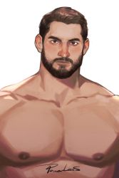 Rule 34 | 1boy, bara, beard, close-up, completely nude, expressionless, facial hair, large pectorals, looking at viewer, male focus, muscular, muscular male, nipples, nude, original, pectoral focus, pectorals, portrait, powerlesssong, realistic, short hair, solo, white background