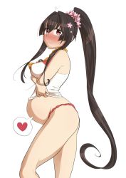 Rule 34 | 1girl, ass, bad id, bad pixiv id, bare shoulders, blush, breasts, brown eyes, brown hair, closed mouth, clothes lift, cowboy shot, embarrassed, flower, fundoshi, hair ornament, heart, highres, japanese clothes, kantai collection, long hair, looking at viewer, medium breasts, ponytail, pregnant, shirt lift, simple background, solo, speech bubble, supersquid, sweatdrop, thighs, very long hair, white background, yamato (kancolle)