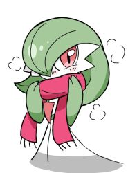 1girl adjusting_scarf blush bob_cut breath clothed_pokemon colored_skin covered_mouth creatures_(company) female_focus flat_chest game_freak gardevoir gen_3_pokemon green_hair green_skin hair_over_one_eye hands_up looking_at_viewer monya multicolored_skin nintendo nose_blush one_eye_covered pokemon pokemon_(creature) red_eyes red_scarf scarf short_hair simple_background sketch solo standing two-tone_skin white_background white_skin