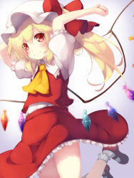 Rule 34 | 1girl, arms up, ascot, blonde hair, closed mouth, commentary request, crystal, eyes visible through hair, flandre scarlet, frilled shirt collar, frilled skirt, frilled socks, frills, gengetsu chihiro, hat, hat ribbon, jumping, mob cap, puffy short sleeves, puffy sleeves, red eyes, red ribbon, red skirt, red vest, ribbon, shirt, shirt tucked in, short sleeves, side ponytail, simple background, skirt, smile, socks, solo, touhou, vest, white hat, white shirt, white socks, wings