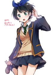 Rule 34 | 1girl, :o, black hair, black skirt, blazer, breasts, collared shirt, commentary request, diagonal-striped clothes, diagonal-striped necktie, green eyes, green necktie, highres, jacket, kanojo okarishimasu, looking at viewer, medium breasts, necktie, open mouth, pleated skirt, putting on shoes, sarashina ruka, shirt, short hair, simple background, sketch, skirt, solo, striped clothes, striped necktie, sweater vest, thank you, translation request, white background, white shirt, yufu kyouko