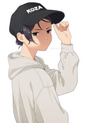 Rule 34 | 1girl, :t, arm up, baseball cap, black hair, black hat, blush, brown eyes, closed mouth, from side, grey hoodie, hand on headwear, hat, hood, hood down, hoodie, long sleeves, looking at viewer, looking to the side, mattaku mousuke, original, pout, puffy long sleeves, puffy sleeves, simple background, solo, twitter username, white background