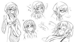 Rule 34 | !, 1girl, anger vein, animal ears, apron, bad id, bad pixiv id, bespectacled, expressions, female focus, frown, glasses, greyscale, head scarf, japanese clothes, monochrome, multiple views, mystia lorelei, ogami kazuki, okamisty, one eye closed, short hair, sketch, smile, tasuki, touhou, translation request, tray, wings, wink