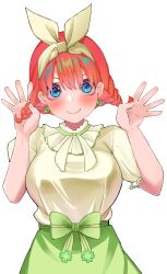 Rule 34 | 1girl, absurdres, airo, blue eyes, blush, braid, breasts, collar, dangle earrings, earrings, frilled collar, frills, go-toubun no hanayome, green ribbon, green shirt, green skirt, hair ribbon, hands up, highres, jewelry, large breasts, looking at viewer, medium breasts, nakano yotsuba, playing with own hair, red eyes, ribbon, shirt, shirt tucked in, short hair, skirt, smile, solo, twin braids