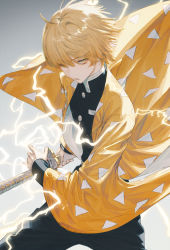 Rule 34 | 1boy, agatsuma zenitsu, ahoge, blonde hair, commentary, cowboy shot, electricity, fighting stance, gradient background, grey background, hair between eyes, holding, holding sword, holding weapon, japanese clothes, katana, kimetsu no yaiba, male focus, ready to draw, serious, short hair, simple background, solo, standing, sword, symbol-only commentary, wanke, weapon, wide sleeves, yellow eyes
