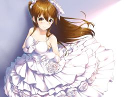 Rule 34 | 1girl, bad id, bad pixiv id, bare shoulders, blush, breasts, brown eyes, brown hair, cleavage, closed mouth, collarbone, commentary request, dress, elbow gloves, flower, gloves, hair between eyes, highres, jewelry, layered dress, long hair, medium breasts, ogiso setsuna, pleated dress, ring, rose, sleeveless, sleeveless dress, smile, solo, very long hair, wakuta chisaki, wedding band, wedding dress, white album (series), white album 2, white dress, white flower, white gloves, white rose