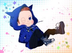Rule 34 | 1boy, alternate costume, animal ear hood, animal ears, badge, black pants, black shirt, blue background, blue eyes, blue footwear, blue hood, blue jacket, blush stickers, brown hair, button badge, cat ears, closed mouth, commentary request, cross-laced footwear, danganronpa (series), danganronpa v3: killing harmony, fake animal ears, full body, hands in pockets, hood, hood up, hooded jacket, hoshi ryoma, jacket, kogarashi 8, male focus, multicolored background, one eye closed, orange background, paint splatter, pants, partial commentary, partially unzipped, pinstripe pants, pinstripe pattern, polka dot, polka dot background, shirt, shoes, short hair, simple background, smirk, sneakers, solo, star (symbol), star print, striped clothes, striped pants, v-shaped eyes, vertical-striped clothes, vertical-striped pants, very short hair, white background, zipper, zipper pull tab