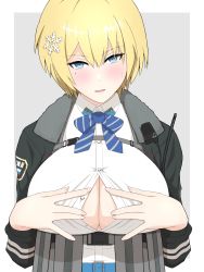 Rule 34 | 1girl, absurdres, ammunition belt, ammunition pouch, arms up, black jacket, blonde hair, blue bow, blue bowtie, blue eyes, blush, bow, bowtie, breasts, cleavage, fur-trimmed jacket, fur trim, girls&#039; frontline, hair ornament, highres, huge breasts, jacket, long sleeves, looking at viewer, mole, mole under eye, open clothes, open jacket, open mouth, paizuri invitation, police, police uniform, policewoman, pouch, shirt, short hair, simple background, snowflake hair ornament, solo, sumi ojie, uniform, upper body, vsk-94 (girls&#039; frontline), walkie-talkie, white shirt