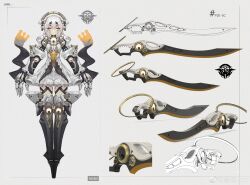 Rule 34 | 1girl, android, arms at sides, center opening, character sheet, donxxxs, dress, facial mark, full body, grey background, highres, joints, medium hair, orange eyes, original, oversized forearms, oversized limbs, robot joints, solo, sword, weapon, white dress, white hair