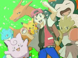 Rule 34 | 1boy, :d, arm up, backpack, backwards hat, bag, baseball cap, belt, belt buckle, black belt, blue pants, brown bag, buckle, charizard, clefairy, clenched hand, commentary request, creatures (company), game freak, gen 1 pokemon, hat, highres, hitmonchan, holding, holding poke ball, jacket, lapras, male focus, nintendo, open mouth, pants, pikachu, poke ball, poke ball (basic), pokemon, pokemon (creature), pokemon rgby, red (pokemon), ryu gamori, shirt, short sleeves, smile, snorlax, teeth, tongue