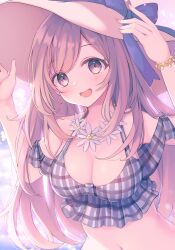 Rule 34 | 1girl, bare shoulders, bikini, blue background, blue ribbon, blush, bracelet, breasts, brown eyes, brown hair, cleavage, dot nose, flower, flower necklace, gradient background, grey bikini, hat, hat ribbon, highres, holding, holding clothes, holding hat, idolmaster, idolmaster shiny colors, jewelry, large breasts, long hair, looking at viewer, miyanome, navel, necklace, open mouth, pink background, pink nails, plaid, plaid bikini, ribbon, smile, solo, straw hat, swept bangs, swimsuit, tsukioka kogane, upper body
