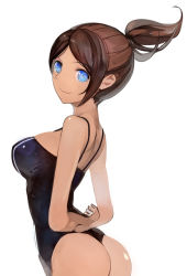 Rule 34 | 10s, 1girl, arms behind back, asahina aoi, ass, bare shoulders, blue eyes, breasts, brown hair, danganronpa: trigger happy havoc, danganronpa (series), dark-skinned female, dark skin, large breasts, one-piece swimsuit, one-piece thong, panties, ponytail, pupps, short hair, simple background, smile, solo, swimsuit, thong, underwear, wedgie