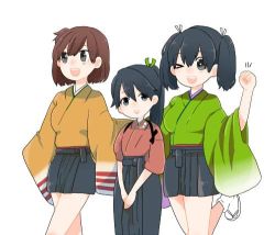 Rule 34 | 10s, 3girls, bad id, bad twitter id, blue hair, brown hair, clenched hand, geta, hair between eyes, hair ribbon, hakama, hakama short skirt, hakama skirt, hiryuu (kancolle), houshou (kancolle), japanese clothes, kantai collection, looking at viewer, lowres, miniskirt, multiple girls, one eye closed, one side up, ponytail, ribbon, round teeth, short hair, simple background, skirt, smile, socks, souryuu (kancolle), swept bangs, tasuki, teeth, twintails, white background, yoichi (umagoya)
