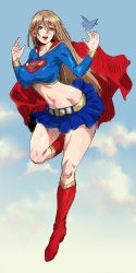 Rule 34 | 1girl, animification, bad id, bad twitter id, bird, blonde hair, blue skirt, boots, breasts, brown hair, cape, covered erect nipples, dc comics, flying, highres, katou teppei, kryptonian, large breasts, long hair, midriff, miniskirt, navel, red cape, red footwear, shoes, sketch, skirt, solo, supergirl, superman (series)