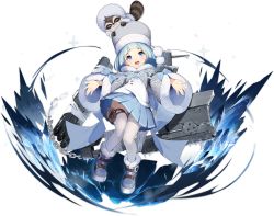 Rule 34 | 1girl, animal, animal on head, azur lane, blue eyes, blue footwear, blue hair, boots, fur, fur-trimmed sleeves, fur trim, gromky (azur lane), hat, highres, kexue, official art, on head, open mouth, raccoon, rigging, short hair, smile, solo, thighhighs, torpedo launcher, transparent background, white thighhighs