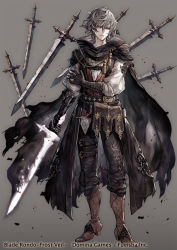 Rule 34 | 1boy, armor, belt, belt buckle, black cloak, boots, broken, broken weapon, brown footwear, brown gloves, buckle, chain, cloak, floating, floating sword, floating weapon, gauntlets, gloves, glowing, glowing weapon, grey background, grey hair, holding, holding sword, holding weapon, male focus, official art, original, parted lips, pouch, senano-yu, simple background, solo, standing, sword, thigh strap, torn clothes, vambraces, weapon, yellow eyes