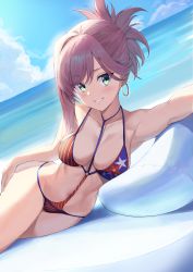 Rule 34 | 1girl, absurdres, american flag bikini, bikini, blue sky, breasts, clenched teeth, cloud, collarbone, commentary request, day, earrings, eyes visible through hair, fate/grand order, fate (series), flag print, green eyes, highres, hoop earrings, jewelry, looking at viewer, medium breasts, miyamoto musashi (fate), miyamoto musashi (fate/grand order), miyamoto musashi (swimsuit berserker) (fate), miyamoto musashi (swimsuit berserker) (second ascension) (fate), ocean, outdoors, pillow, pink hair, ponytail, short hair, sky, smile, solo, swimsuit, teeth, ym (pixiv2132273)