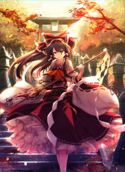 Rule 34 | 1girl, ascot, backlighting, bare shoulders, bow, breasts, brown eyes, brown hair, collared shirt, detached sleeves, floating hair, frilled bow, frilled shirt collar, frilled skirt, frills, gohei, hair between eyes, hair bow, hair ornament, hair tubes, hakurei reimu, half updo, highres, holding, long hair, looking at viewer, medium hair, nontraditional miko, ouma tokiichi, outdoors, petticoat, red bow, red shirt, red skirt, ribbon-trimmed sleeves, ribbon trim, shirt, sidelocks, skirt, skirt set, sleeveless, sleeveless shirt, smile, solo, stairs, standing, sunset, torii, touhou, wide sleeves, wind, yellow ascot