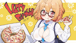 Rule 34 | 1girl, between breasts, black-framed eyewear, blonde hair, blue archive, blue necktie, blush, braid, breasts, candy, cheese, cheese trail, cleavage, closed mouth, covered erect nipples, eating, food, glasses, hair between eyes, halo, happy birthday, holding, holding food, holding pizza, kotori (blue archive), large breasts, looking at viewer, necktie, necktie between breasts, no bra, pizza, pizza box, pizza slice, red eyes, school uniform, semi-rimless eyewear, shirt, smile, solo, souen hiro, teardrop-framed glasses, triangle halo, under-rim eyewear, upper body, white shirt, yellow halo