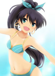 Rule 34 | 1girl, :d, aqua eyes, bare shoulders, bikini, black hair, blue eyes, bow, earrings, fang, ganaha hibiki, hair bow, high ponytail, hoop earrings, idolmaster, idolmaster (classic), jewelry, long hair, looking at viewer, makkuroh (pixiv), navel, open mouth, outstretched arms, ponytail, smile, solo, spread arms, swimsuit, wet