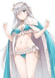 Rule 34 | 1girl, akita hika, alternate costume, anastasia (fate), aqua bikini, bad id, bad twitter id, bikini, blue cloak, blue eyes, breasts, brown hairband, cape, cleavage, clenched hands, cloak, cowboy shot, fate/grand order, fate (series), frilled bikini, frills, from below, hair ornament, hair over eyes, hair over one eye, hairband, hands up, highres, jewelry, leaf hair ornament, legs, looking at viewer, medium breasts, navel, necklace, pale skin, ribbon, royal robe, silver hair, smile, smug, solo, stomach, swimsuit, v-shaped eyebrows, yellow hairband