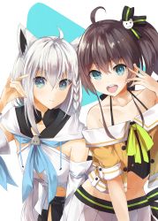 Rule 34 | :d, ahoge, animal ear fluff, animal ears, bare shoulders, black bow, black shorts, blouse, blue eyes, blue neckerchief, bow, brown hair, cat hair ornament, closed mouth, collarbone, detached sleeves, fox ears, fox shadow puppet, green bow, hair bow, hair ornament, hand up, highres, hololive, jacket, konkito, long hair, long sleeves, midriff, natsuiro matsuri, natsuiro matsuri (1st costume), navel, neckerchief, off shoulder, one side up, open mouth, orange jacket, pleated skirt, round teeth, shirakami fubuki, shirakami fubuki (1st costume), shirt, short sleeves, shorts, silver hair, skirt, smile, striped, striped bow, teeth, upper teeth only, very long hair, virtual youtuber, white shirt, white skirt