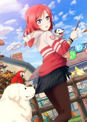 Rule 34 | 10s, 1girl, :o, animal, autumn leaves, bird, blue sky, blush, bracelet, clothes pull, cloud, dalmatian, day, dog, fence, heavy breathing, highres, hood, hoodie, jewelry, labrador retriever, leaf, long sleeves, looking down, love live!, love live! school idol festival, love live! school idol project, macaw, md5 mismatch, nishikino maki, official art, outdoors, pantyhose, parrot, purple eyes, red hair, skirt, skirt pull, sky, solo, striped clothes, striped skirt, tongue, tongue out, unzipped, vertical-striped clothes, vertical-striped skirt, yan (seiga), zipper