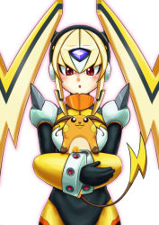 Rule 34 | 10s, :3, android, black gloves, blonde hair, blush, bodysuit, capcom, crossover, forehead jewel, gen 1 pokemon, gloves, helmet, holding, holding pokemon, isitubute, looking up, open mouth, oro s, pokemon, pokemon (creature), raichu, red eyes, robot ears, mega man (series), rockman xover, shoulder spikes, sidelocks, tail, upper body, white background