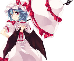 Rule 34 | 1girl, bare back, bat wings, blue hair, bonnet, dress, female focus, frown, hand on own hip, hat, hat ribbon, hip focus, looking back, parasol, red eyes, remilia scarlet, ribbon, shirota dai, short hair, simple background, solo, touhou, umbrella, white background, wings