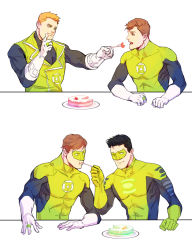 Rule 34 | &gt; o, 3boys, bara, black bodysuit, black hair, bodysuit, brown eyes, brown hair, cake, closed mouth, dc comics, domino mask, eating, feeding, food, fork, gloves, green bodysuit, green eyes, green lantern, green lantern (series), green vest, guy gardner, hal jordan, hand on own face, highres, holding, holding fork, incoming food, jewelry, kyle rayner, looking at another, male focus, mask, multiple boys, muscular, muscular male, one eye closed, open mouth, orange hair, pectorals, pevi, ring, short hair, simple background, smile, two-tone bodysuit, vest, white gloves