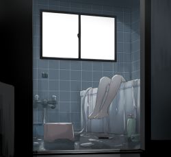 Rule 34 | 1other, ambiguous gender, avogado6, barefoot, bathroom, bathtub, blood, commentary request, hose, indoors, knife, legs, muted color, original, overflowing, overflowing bath, partially submerged, sliding doors, solo, suicide, tile wall, tiles, water, window