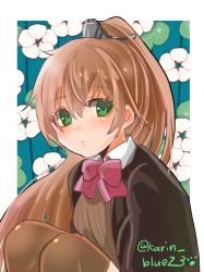Rule 34 | 1girl, blazer, bow, bowtie, brown hair, brown jacket, brown legwear, cardigan, commentary request, floral background, green eyes, jacket, kantai collection, karin bluez3, kumano (kancolle), long hair, ponytail, red bow, red bowtie, school uniform, solo, squatting, twitter username, upper body