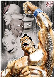 Rule 34 | 5boys, abs, arm up, bald, benkiman, blank eyes, border, brown eyes, canadianman, crying, curry cook, dark-skinned male, dark skin, dated, highres, kinnikuman, lips, male focus, manly, monster boy, multiple boys, muscular, no nose, open mouth, rikishiman, signature, smile, streaming tears, sweat, taki reki, teapackman, tears, white border, wolfman (kinnikuman)