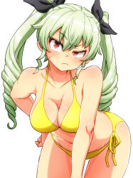 Rule 34 | 1girl, absurdres, anchovy (girls und panzer), aono3, bikini, black ribbon, breasts, cleavage, closed mouth, cowboy shot, drill hair, frown, girls und panzer, green hair, hair ribbon, half-closed eye, hand on own hip, head tilt, highres, long hair, looking at viewer, medium breasts, navel, red eyes, ribbon, side-tie bikini bottom, simple background, solo, standing, sweatdrop, swimsuit, twin drills, twintails, white background, yellow bikini