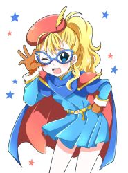 Rule 34 | 1girl, belt, blonde hair, blue eyes, blue mage (final fantasy), blush, breasts, brown gloves, cape, dress, final fantasy, final fantasy v, glasses, gloves, hat, highres, krile mayer baldesion (ff5), long hair, looking at viewer, one eye closed, open mouth, ouba reiya, ponytail, skirt, smile, solo, white background