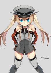 Rule 34 | 10s, 1girl, bare shoulders, bismarck (kancolle), blonde hair, blue eyes, breasts, detached sleeves, gloves, grey background, grey thighhighs, hat, kantai collection, large breasts, long hair, looking at viewer, military, military hat, peaked cap, senbei (senbe i), smile, solo, thighhighs, twintails