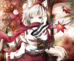 Rule 34 | 1girl, alternate eye color, animal ears, autumn leaves, covering face, covering own mouth, covering privates, detached sleeves, female focus, floral print, forest, grey eyes, hand in own hair, hat, inubashiri momiji, nature, outdoors, plant, red scarf, scarf, shirt, short hair, silver hair, skirt, sky, solo, tail, touhou, tree, umagenzin, wind, wolf ears, wolf tail