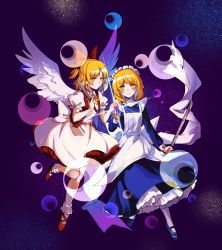 Rule 34 | 2girls, angel wings, apron, blonde hair, blood, bloody weapon, blue dress, blue footwear, bobby socks, bow, bowtie, commentary request, crescent, dress, feathered wings, frilled dress, frilled skirt, frills, gengetsu (touhou), hair bow, heart, highres, holding, holding knife, holding sword, holding weapon, juliet sleeves, knife, long sleeves, lotus land story, maid, mary janes, mugetsu (touhou), multiple girls, open clothes, open mouth, open vest, pantyhose, puffy short sleeves, puffy sleeves, red bow, red footwear, red vest, shirt, shoes, short hair, short sleeves, siblings, sisters, skirt, socks, sword, touhou, touhou (pc-98), vest, weapon, white apron, white legwear, white shirt, white wings, wings, yellow bow, yellow bowtie, yellow eyes, yorktown cv-5