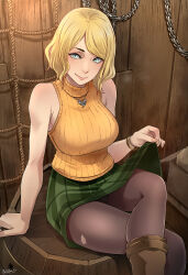 Rule 34 | 1girl, arm support, ashley graham, barrel, blonde hair, blue eyes, bob cut, boots, butcha-u, clothes lift, crossed legs, green skirt, highres, jewelry, necklace, orange sweater, panties, pantyhose, resident evil, resident evil 4, resident evil 4 (remake), short hair, sitting, skirt, skirt lift, sleeveless, sleeveless sweater, sleeveless turtleneck, smile, solo, sweater, text focus, torn clothes, torn pantyhose, turtleneck, underwear