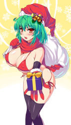 Rule 34 | 1girl, bikini, black thighhighs, blush, breasts, butt crack, christmas, covered erect nipples, embarrassed, foreshortening, gift, gloves, green hair, hat, holding, holding gift, incoming gift, kawase seiki, large breasts, leaning forward, legs, looking at viewer, micro bikini, open mouth, original, red bikini, red eyes, red gloves, religious offering, sack, santa hat, shiny skin, side-tie bikini bottom, skindentation, solo, strap gap, swimsuit, thighhighs, thighs