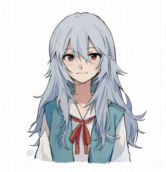 Rule 34 | 1girl, alternate hair length, alternate hairstyle, arms at sides, ayanami rei, blush, closed mouth, commentary, cropped torso, dango (uni 520), evangelion: 3.0+1.0 thrice upon a time, grey hair, grid background, hair between eyes, highres, long hair, long sleeves, looking at viewer, messy hair, neck ribbon, neon genesis evangelion, rebuild of evangelion, red eyes, red ribbon, ribbon, sailor collar, school uniform, simple background, smile, solo, straight-on, tokyo-3 middle school uniform, uniform, upper body