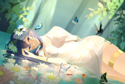 Rule 34 | 1girl, absurdres, anklet, bare shoulders, blue eyes, blue hair, blush, bracelet, breasts, bug, butterfly, closed mouth, dress, fire emblem, fire emblem awakening, fire emblem heroes, flower, hair between eyes, hair flower, hair ornament, highres, insect, jewelry, lips, long hair, looking at viewer, lucina (fire emblem), lying, medium breasts, mixed-language commentary, nintendo, official alternate costume, outdoors, parupome, pink flower, pink lips, plant, see-through, sleeveless, sleeveless dress, smile, solo, sunlight, water, wet, wet clothes, white dress, white flower