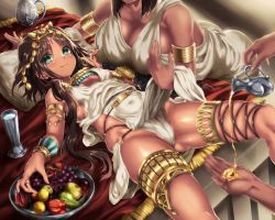 Rule 34 | 2girls, apple, armlet, bent over, bowl, bracelet, grabbing another&#039;s breast, breasts, brown hair, cleavage, egyptian clothes, food, fruit, gold trim, grabbing, grapes, green eyes, headdress, highres, hikari (komitiookami), jewelry, jug (bottle), large breasts, licking lips, long hair, looking at viewer, lying, multiple girls, o-ring, oil, on back, original, pelvic curtain, revision, ring, short hair, skindentation, small breasts, solo focus, tan, thigh strap, thighs, tongue, tongue out, water
