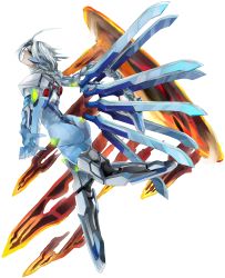 Rule 34 | 1girl, ahoge, akilico, arc system works, arm blade, armor, ass, blazblue, bodysuit, braid, breasts, from behind, highres, long hair, mecha musume, nu-13, silver hair, simple background, single braid, solo, very long hair, weapon, white background
