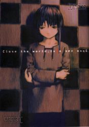 Rule 34 | 1990s (style), 1girl, abe yoshitoshi, absurdres, artbook, brown eyes, brown hair, checkered background, cowboy shot, female focus, highres, iwakura lain, looking down, official art, retro artstyle, scan, sepia, serial experiments lain, short hair, skirt, solo, standing