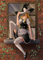 Rule 34 | 1girl, apron, blonde hair, bow, braid, brick wall, buttons, day, dress, hair bow, hair over one eye, hand on headwear, hat, hat bow, highres, inuno rakugaki, kirisame marisa, long hair, outdoors, plant, shoes, side braid, sitting, solo, thighhighs, touhou, vest, vines, white thighhighs, window, windowsill, witch hat, yellow eyes, zettai ryouiki