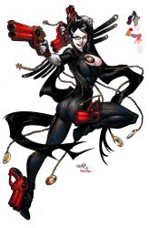Rule 34 | 1girl, ass, bayonetta, bayonetta (series), bayonetta 1, black hair, bodysuit, breasts, cleavage, cleavage cutout, clothing cutout, color guide, dual wielding, earrings, full body, glasses, gloves, gun, hair ribbon, high heels, holding, jewelry, large breasts, lips, long hair, looking back, open mouth, ribbon, shoes, signature, simple background, smile, solo, steven mack, very long hair, weapon, white background