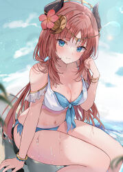 Rule 34 | 1girl, absurdres, beach, bikini, blue eyes, blue sky, bracelet, breasts, circlet, cleavage, closed mouth, cloud, day, fake horns, flower, genshin impact, hibiscus, highres, horns, jewelry, long hair, looking at viewer, low twintails, maruro, medium breasts, navel, nilou (genshin impact), outdoors, red flower, red hair, sitting, sky, solo, swimsuit, thighs, twintails, very long hair, water, wet